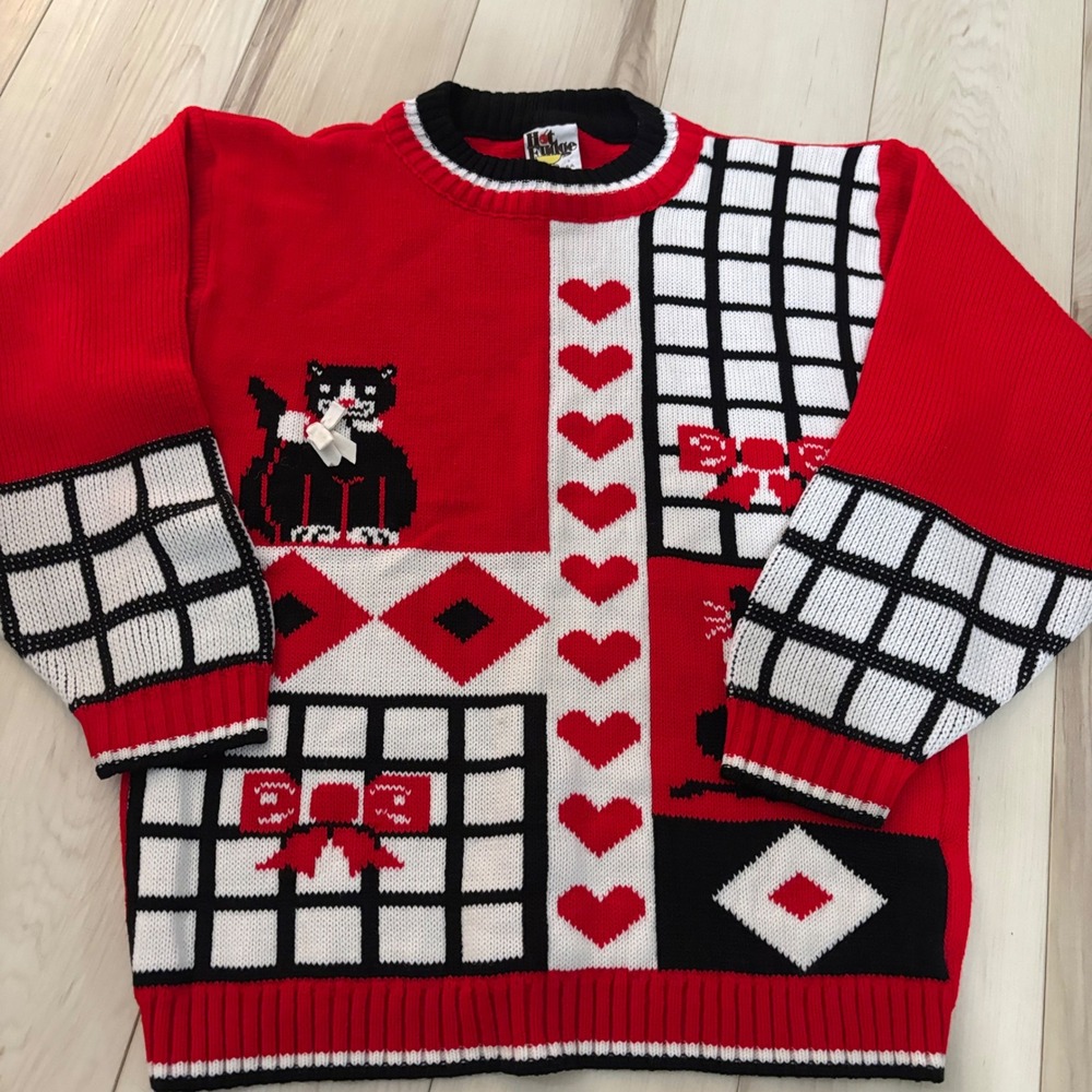 Vintage Hot Fudge Kids Red Cat Kitten Heart Checkered Sweater Made‎ in USA Retro